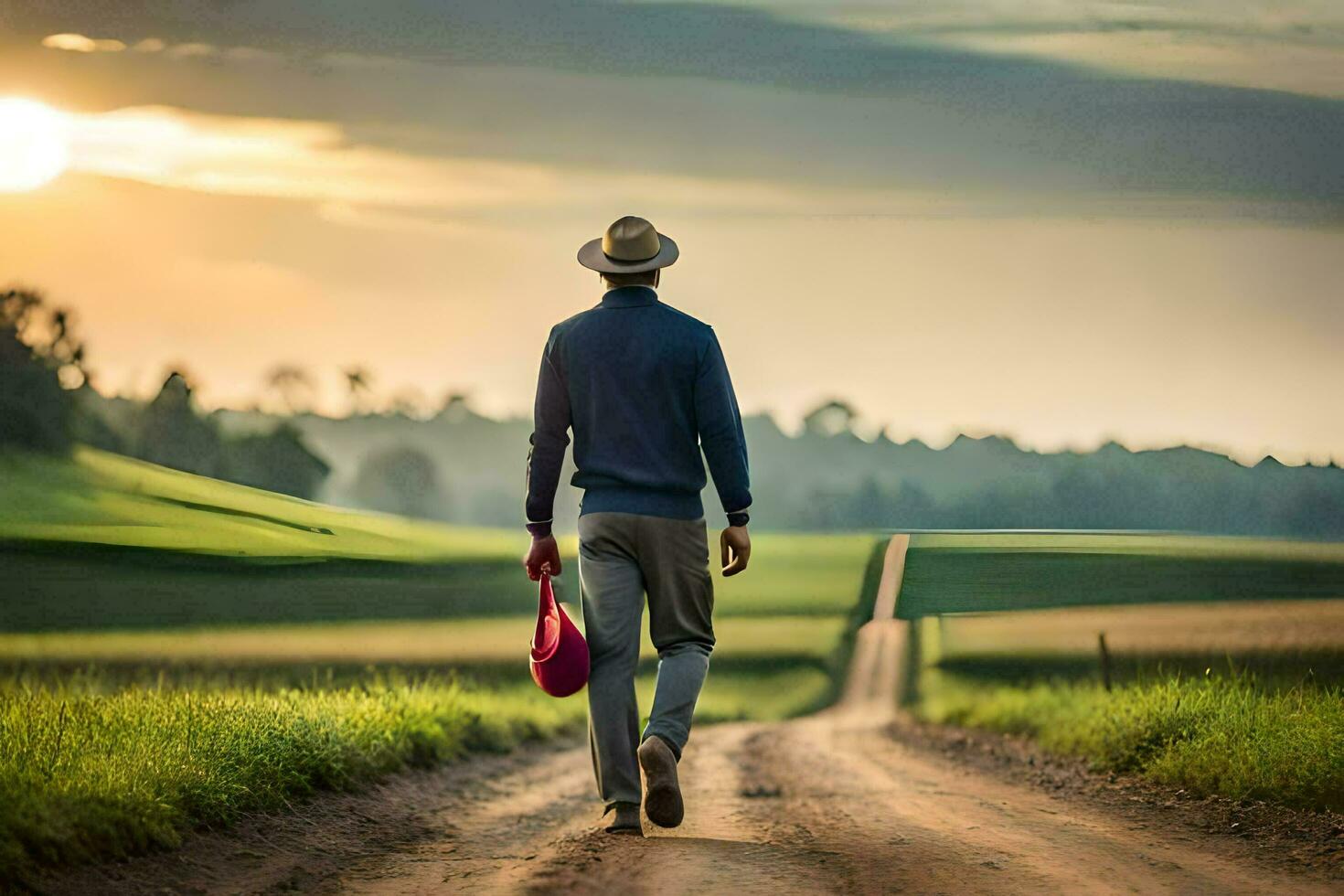 hombre caminando abajo suciedad la carretera con rojo bolsa. generado por ai foto