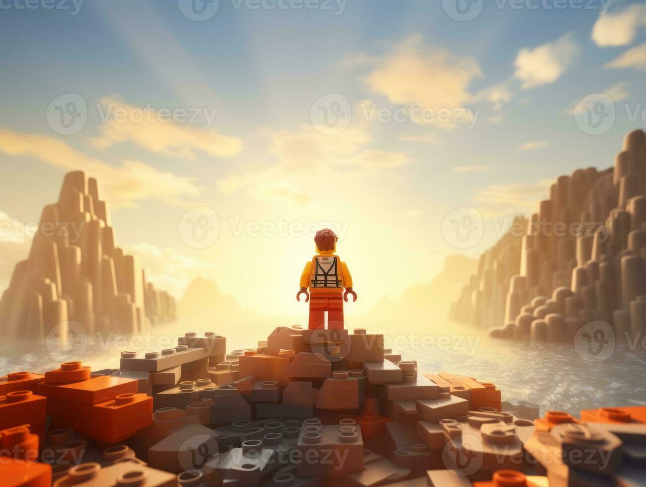 Lego character exploring a epic lego world AI Generative photo