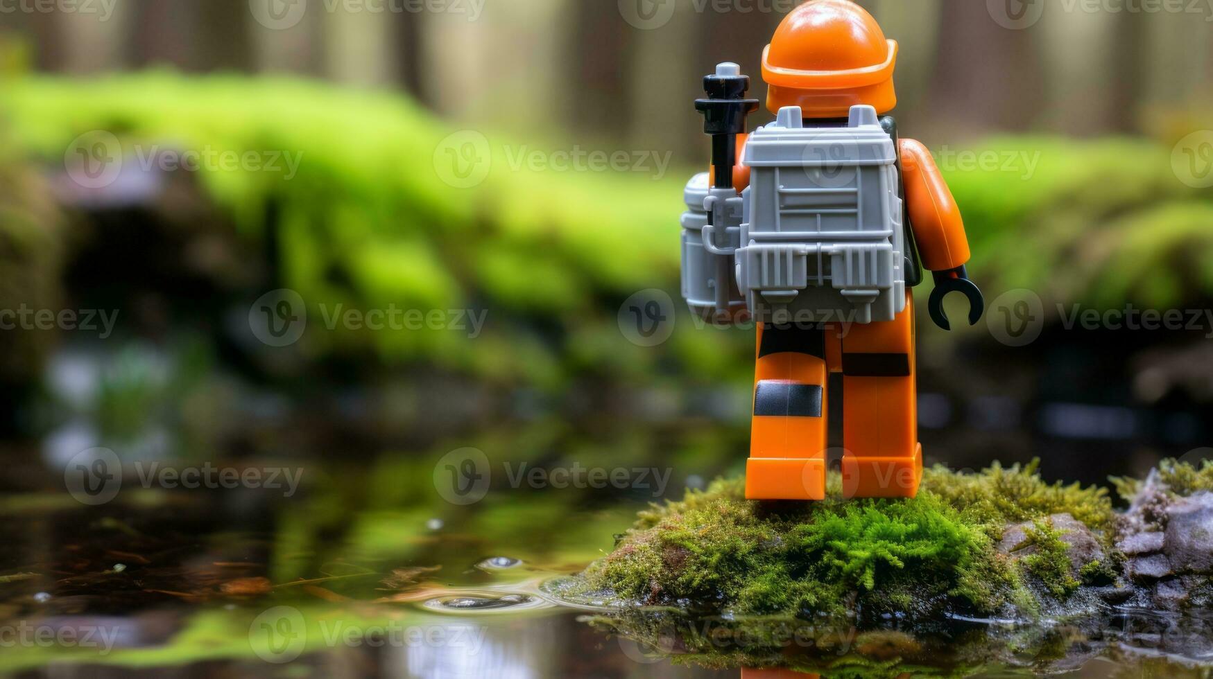 Lego character exploring a epic lego world AI Generative photo