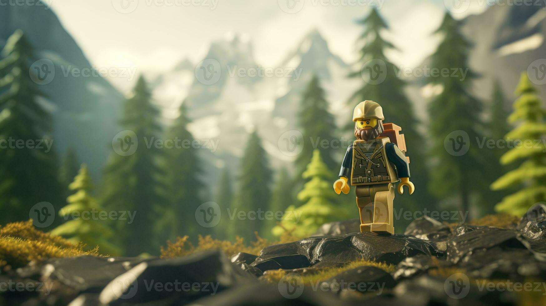 Lego character exploring a epic lego world AI Generative photo