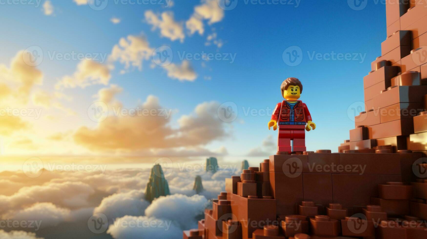 Lego character exploring a epic lego world AI Generative photo