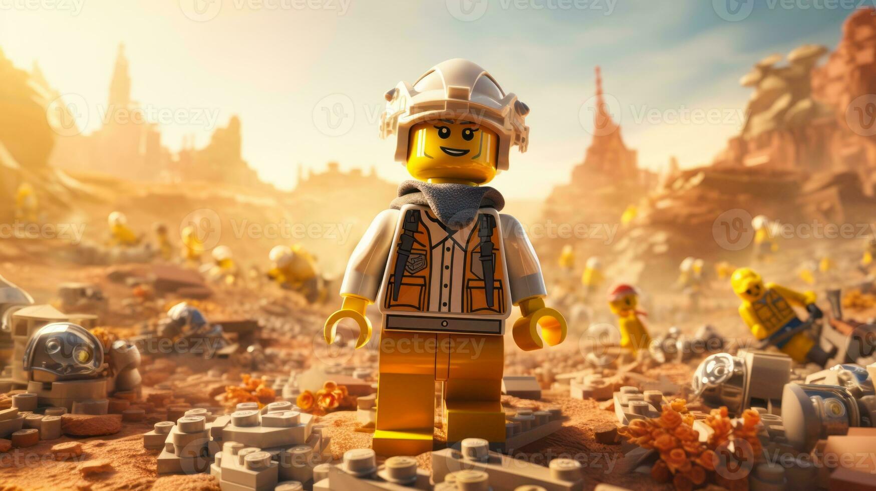 Lego character exploring a epic lego world AI Generative photo