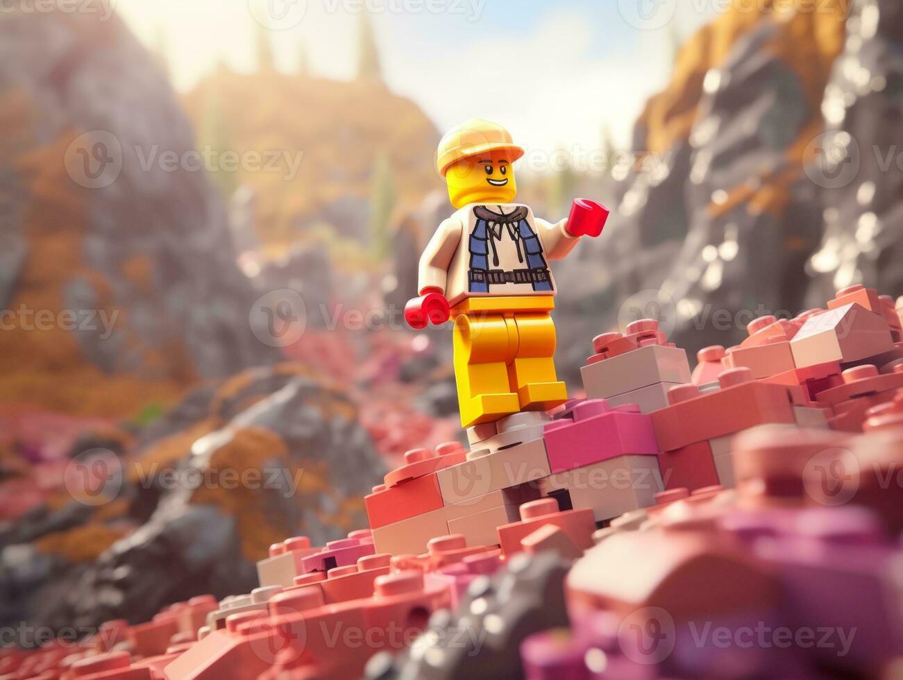 Lego character exploring a epic lego world AI Generative photo