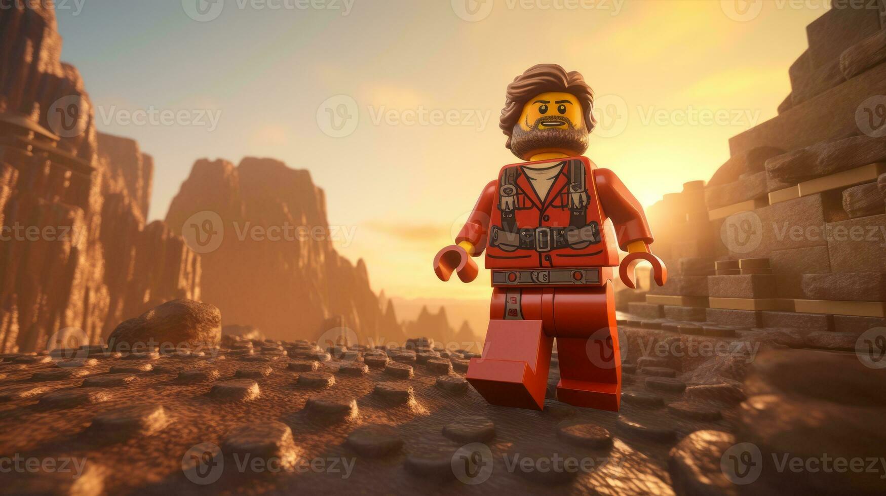 Lego character exploring a epic lego world AI Generative photo