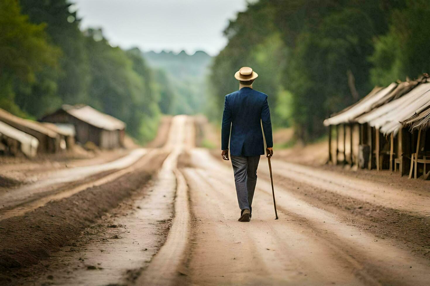 a man in a suit walks down a dirt road. AI-Generated photo