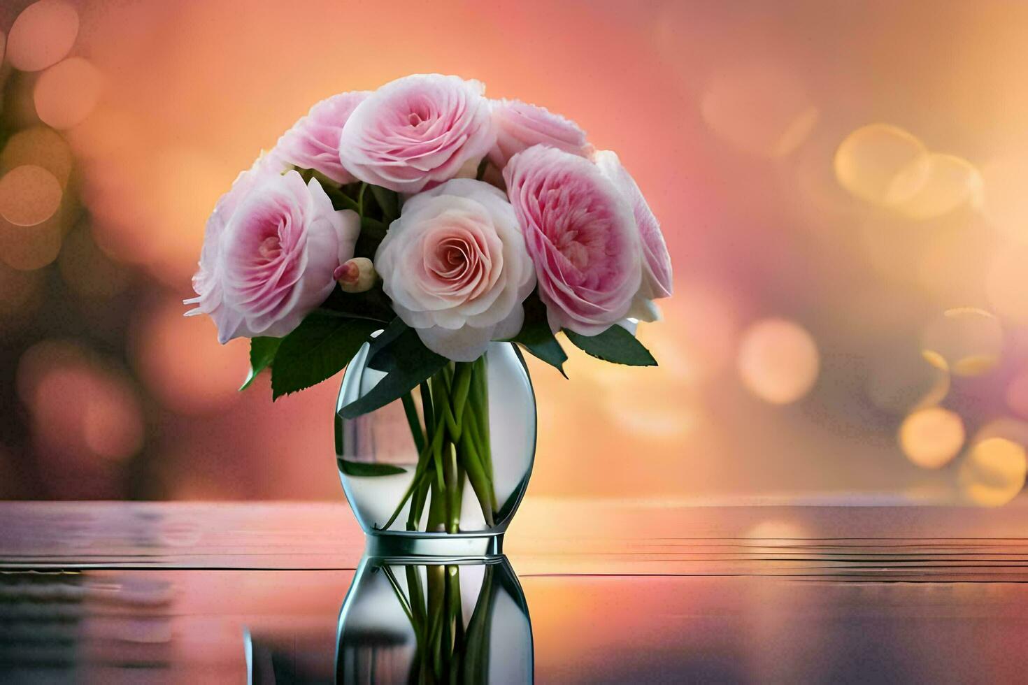 rosado rosas en un florero en un mesa. generado por ai foto