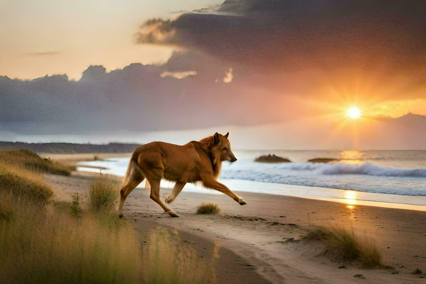 a horse running on the beach at sunset. AI-Generated photo