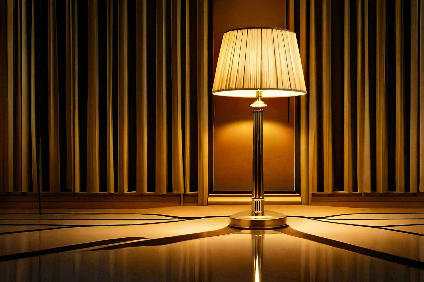 a lamp is sitting on a table in front of curtains. AI-Generated photo