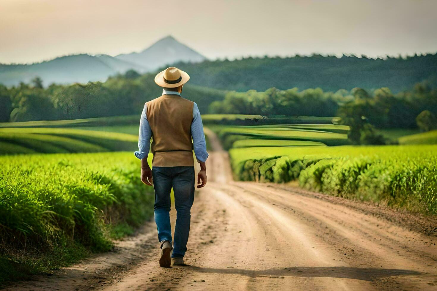 a man in a hat walks down a dirt road in a field. AI-Generated photo