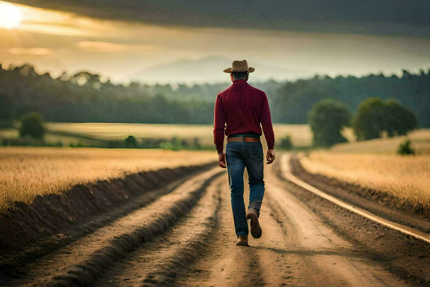 a man in a cowboy hat walks down a dirt road. AI-Generated photo