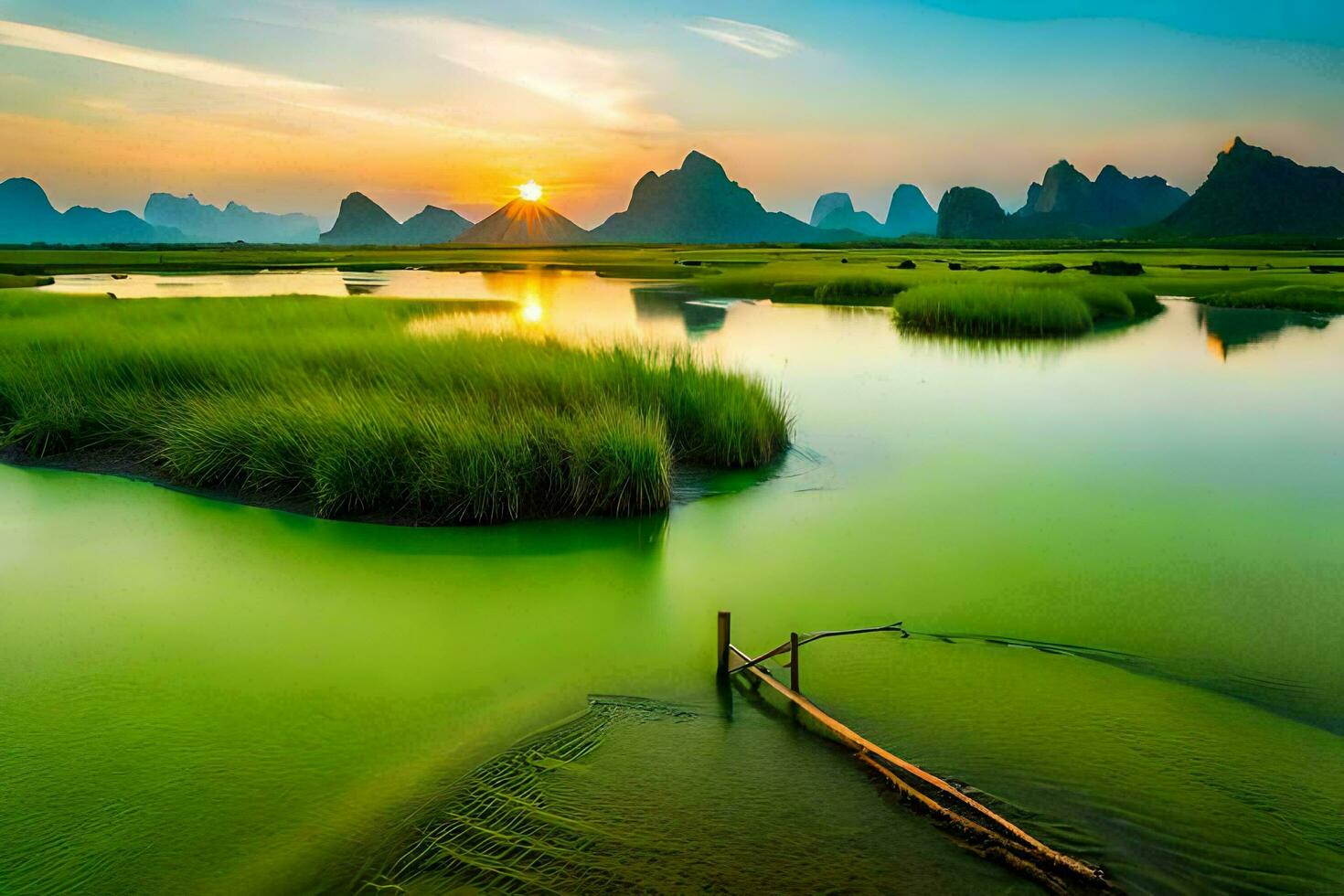the sun sets over a river and mountains. AI-Generated photo