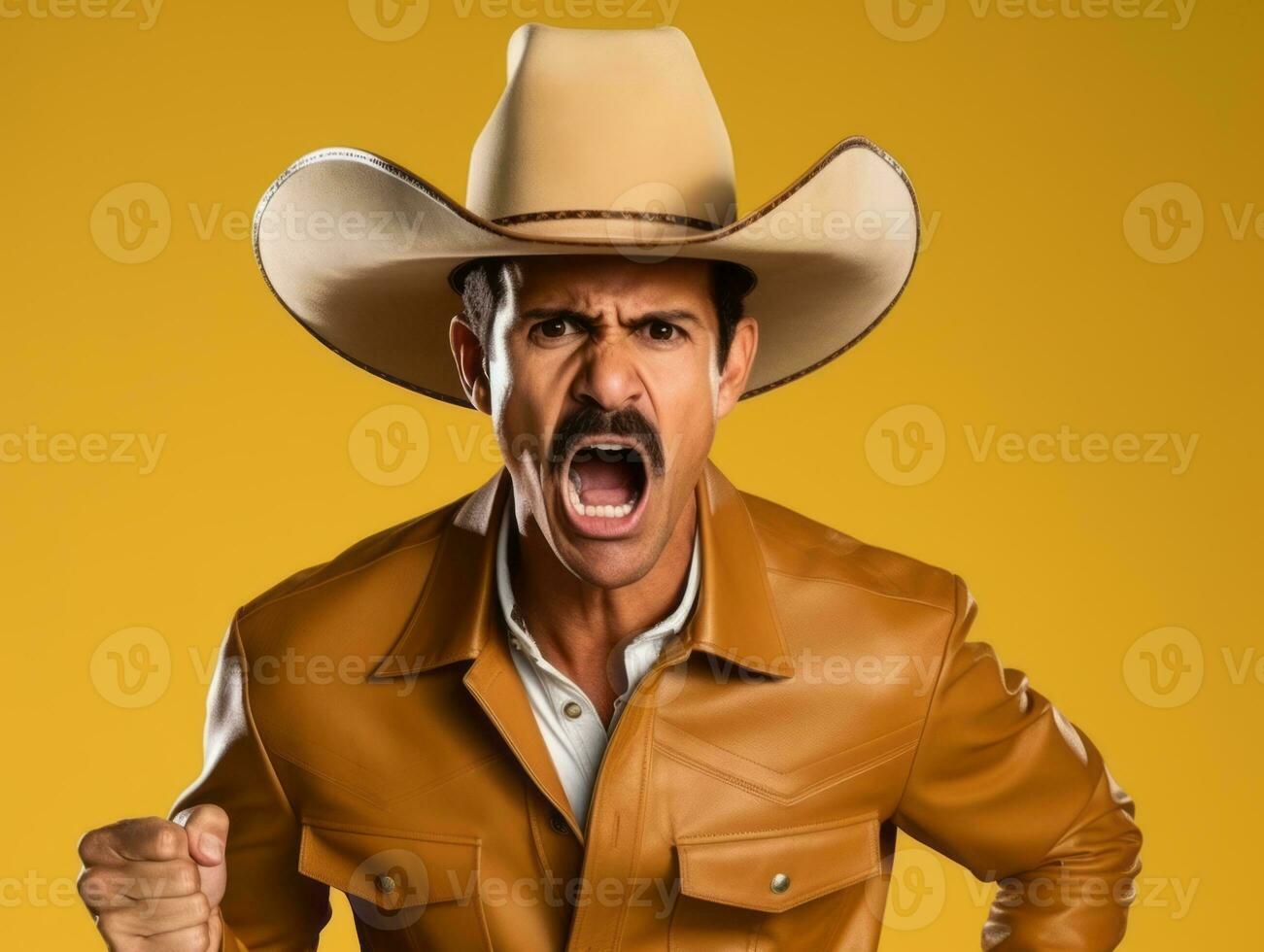 Mexican man in emotional dynamic pose on solid background AI Generative photo