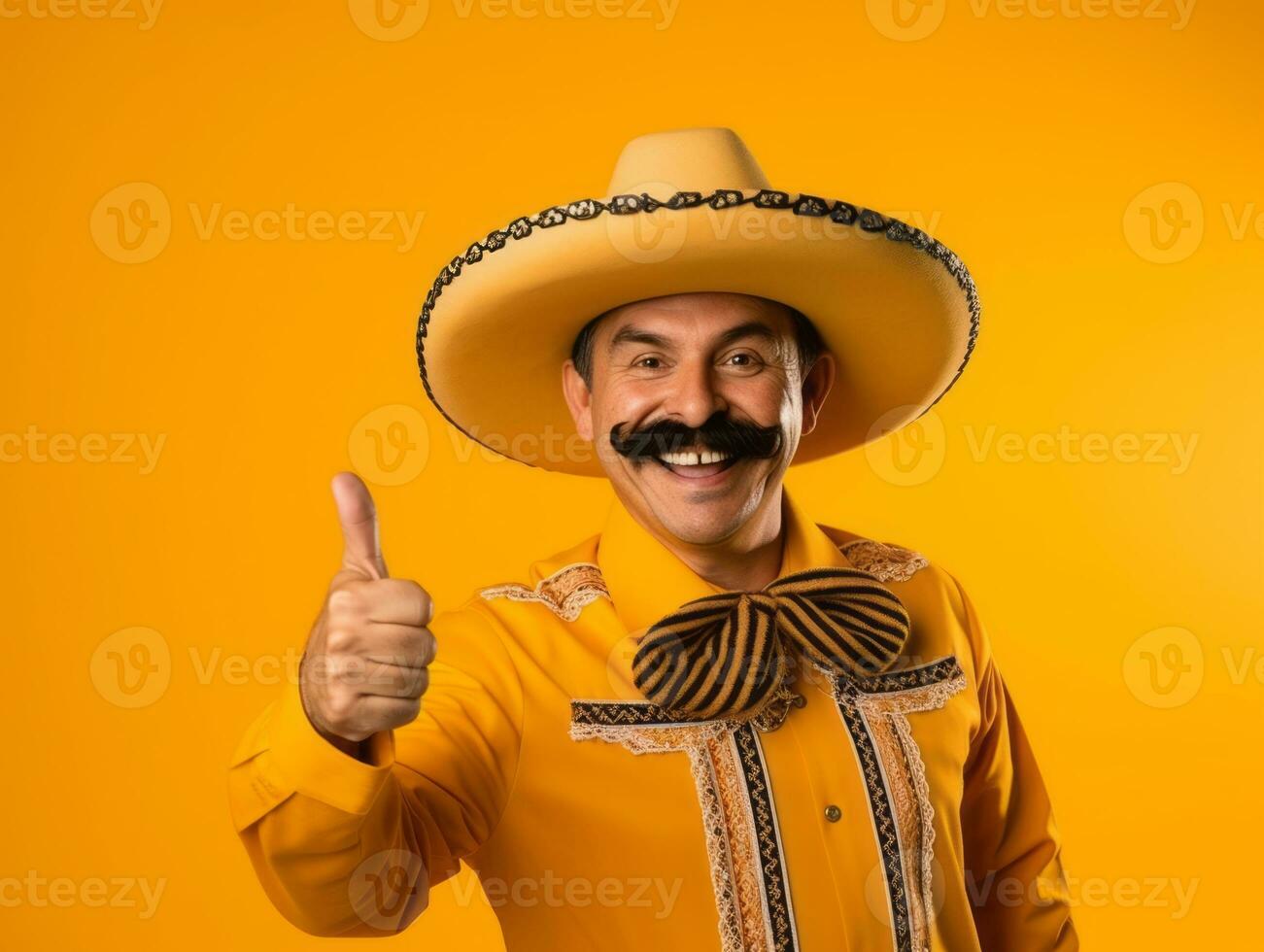 Mexican man in emotional dynamic pose on solid background AI Generative photo