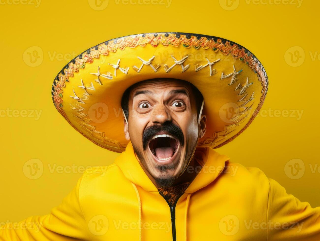 Mexican man in emotional dynamic pose on solid background AI Generative photo