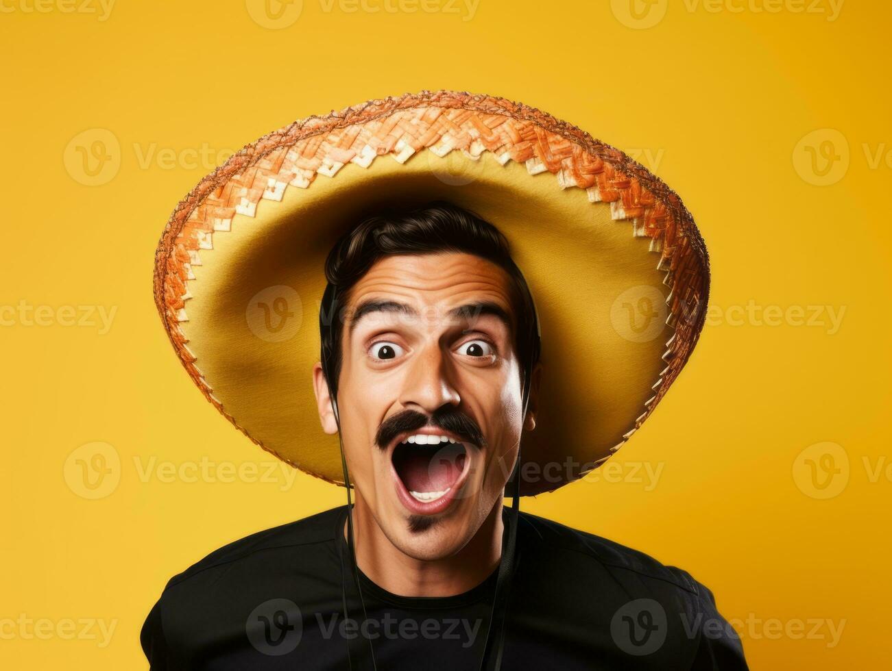 Mexican man in emotional dynamic pose on solid background AI Generative photo