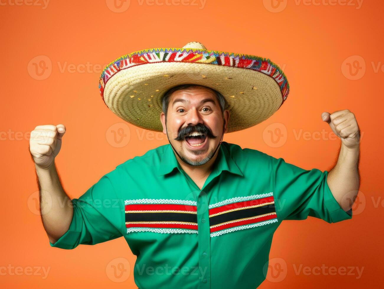 Mexican man in emotional dynamic pose on solid background AI Generative photo