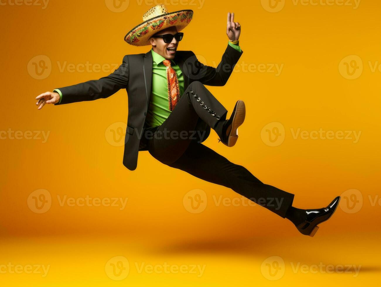 Mexican man in emotional dynamic pose on solid background AI Generative photo