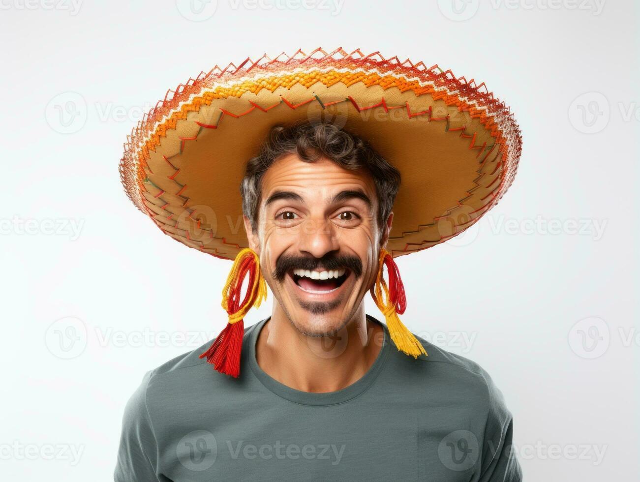 Mexican man in playful pose on white background AI Generative photo