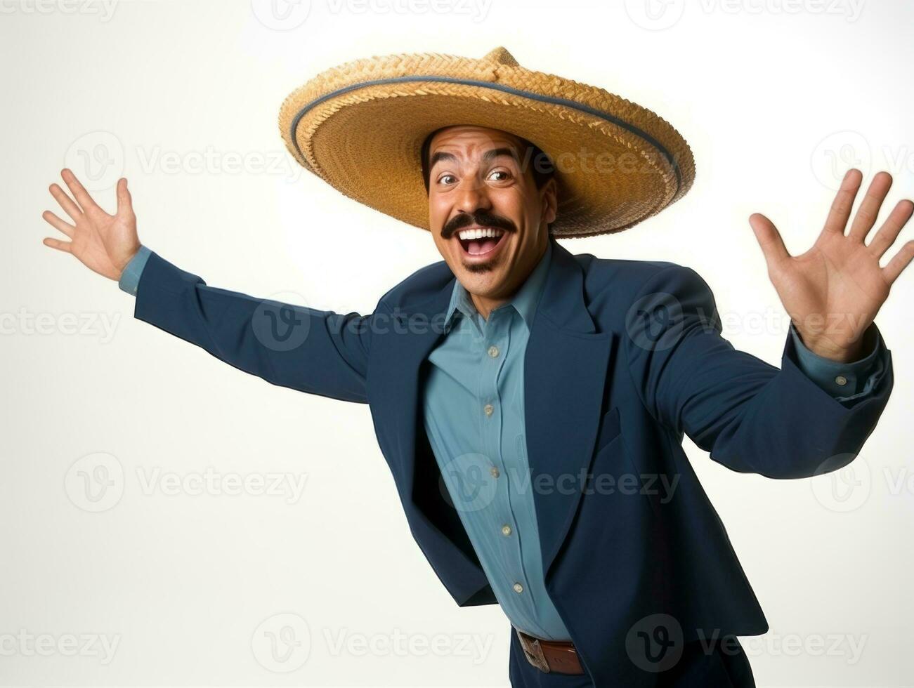 Mexican man in playful pose on white background AI Generative photo