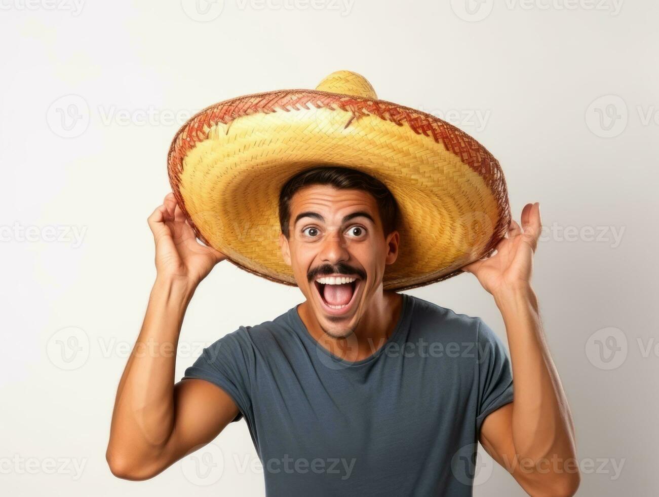 Mexican man in playful pose on white background AI Generative photo