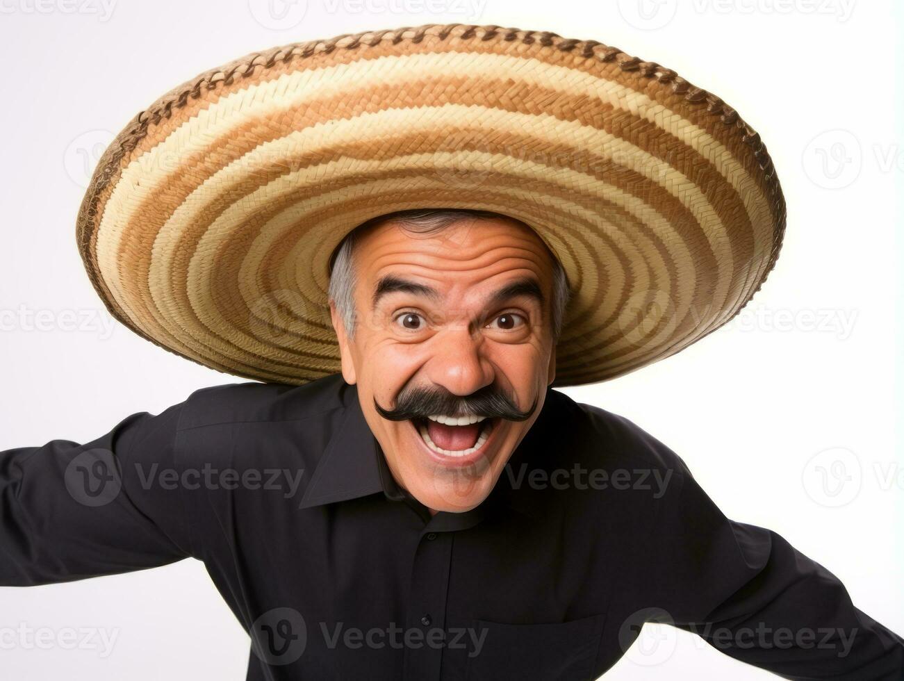 Mexican man in playful pose on white background AI Generative photo