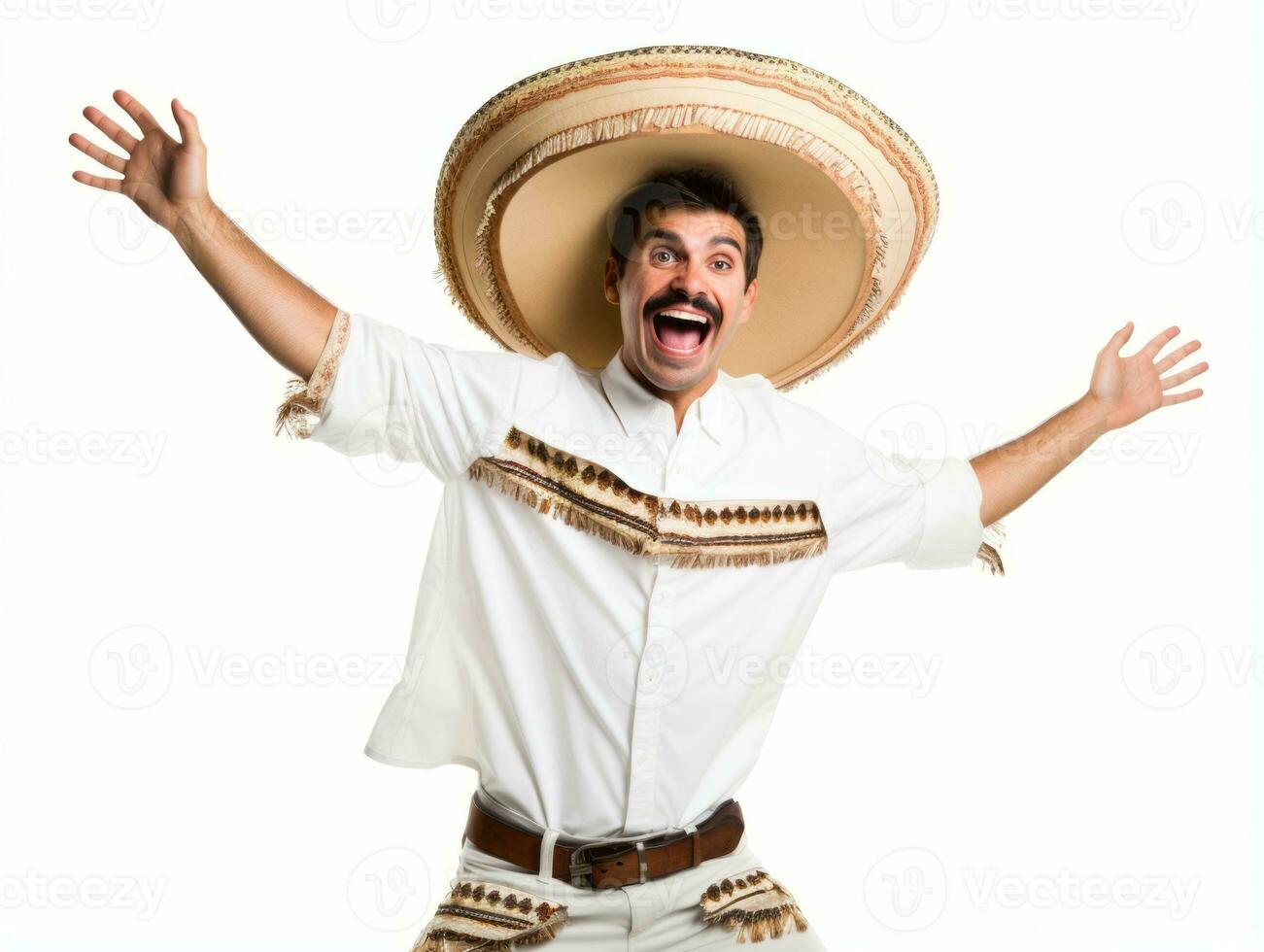 Mexican man in playful pose on white background AI Generative photo