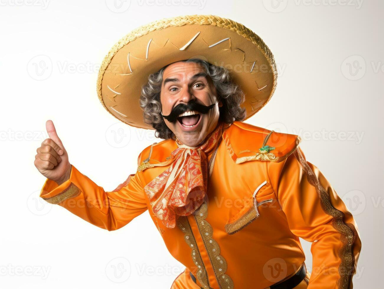 Mexican man in playful pose on white background AI Generative photo