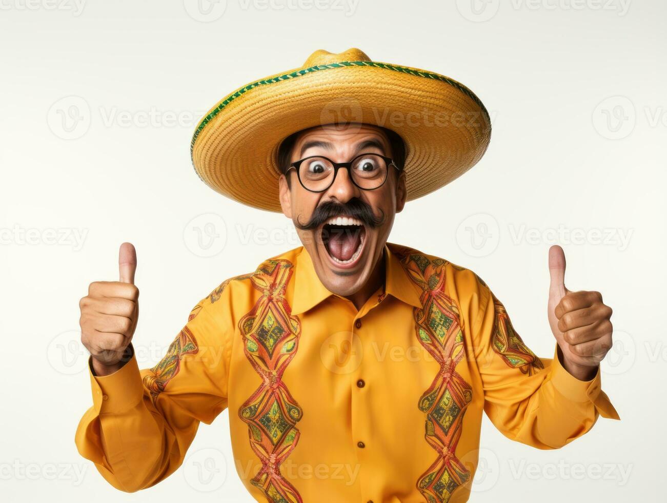 Mexican man in playful pose on white background AI Generative photo