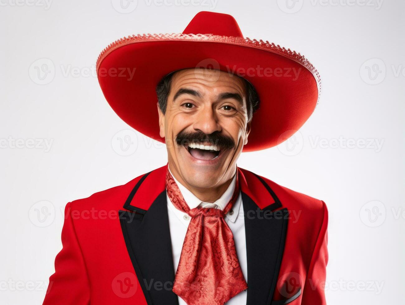 Mexican man in playful pose on white background AI Generative photo