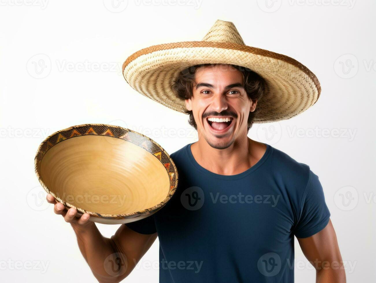 Mexican man in playful pose on white background AI Generative photo