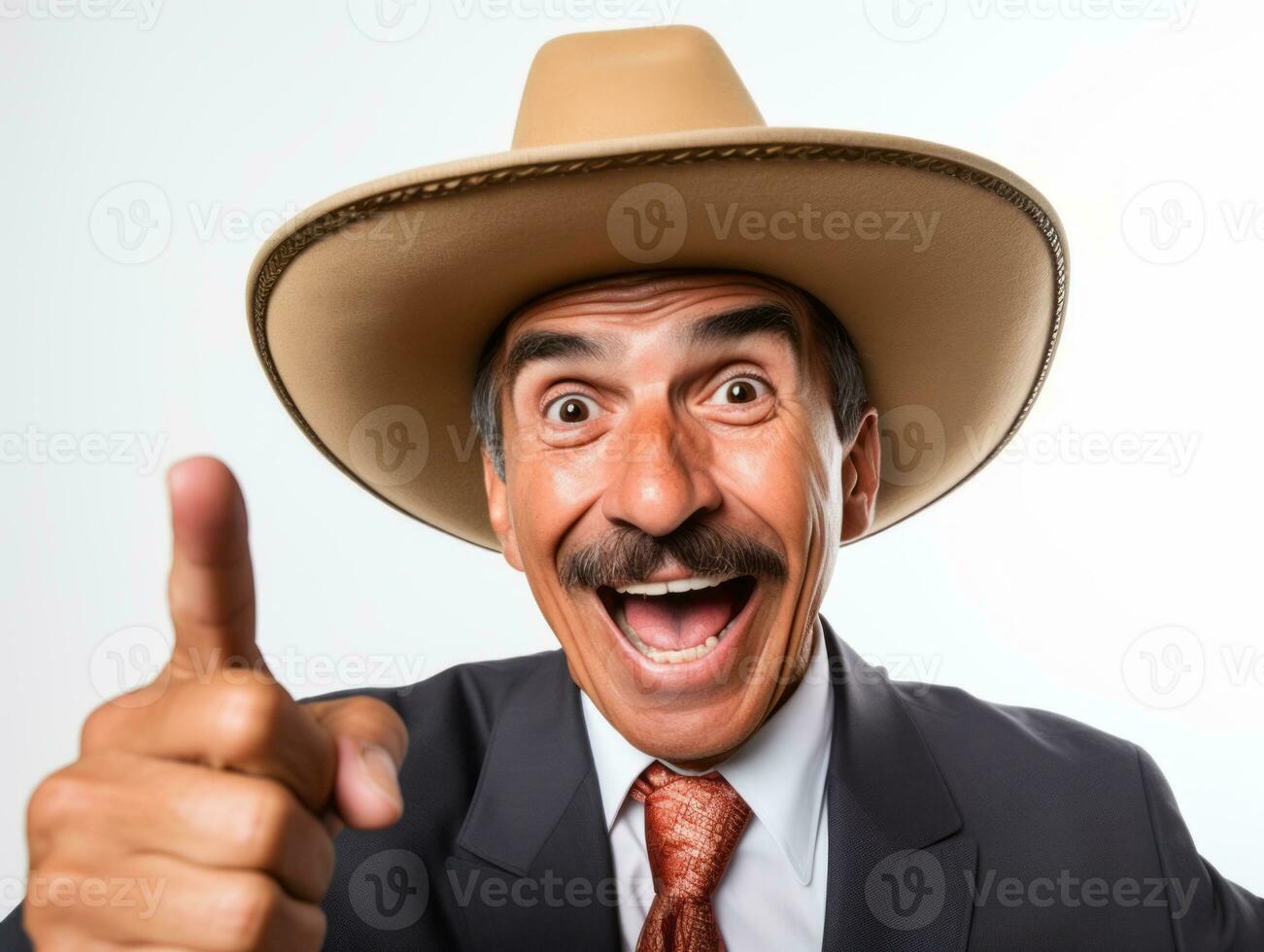 Mexican man in playful pose on white background AI Generative photo
