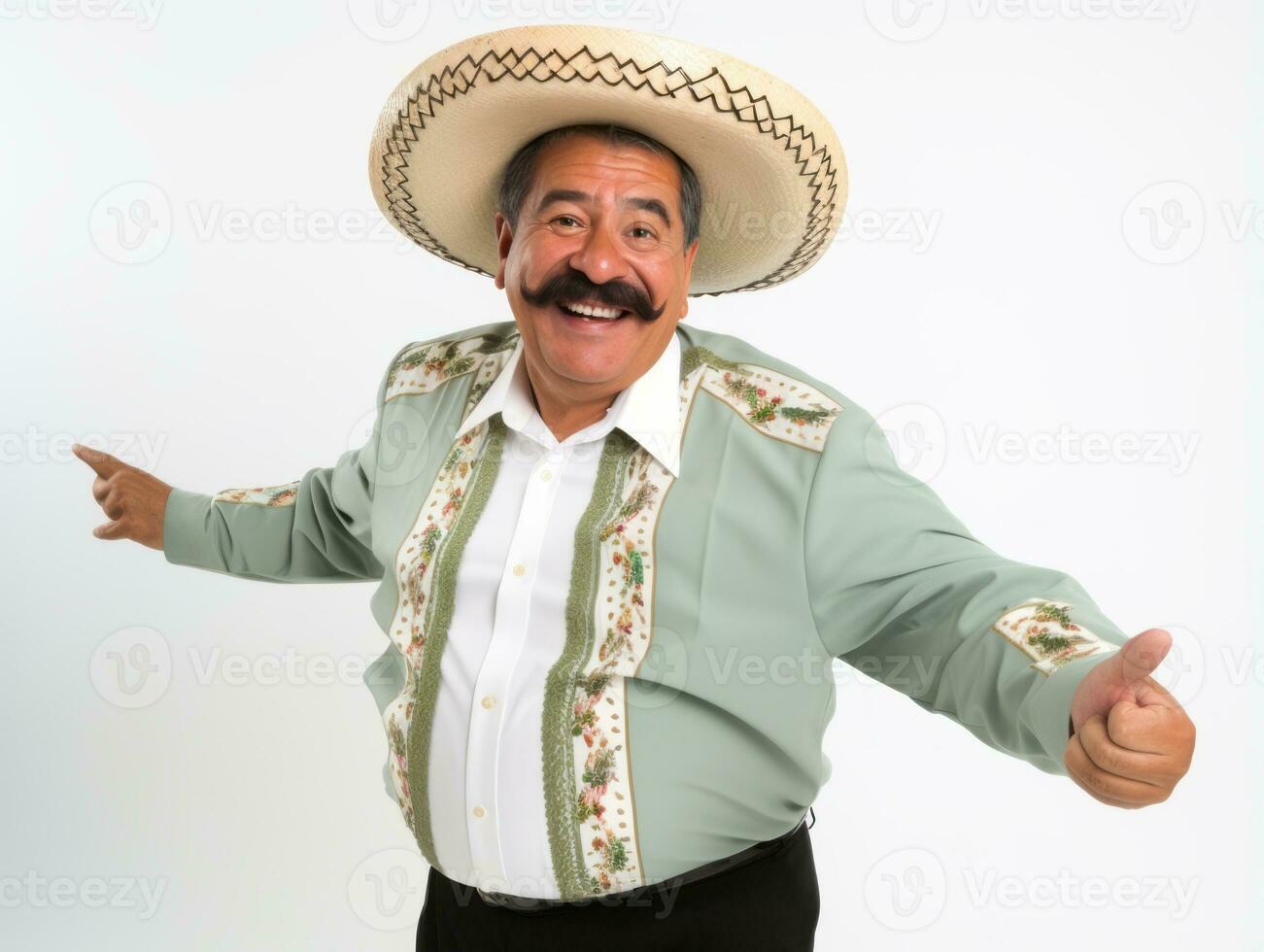 Mexican man in playful pose on white background AI Generative photo