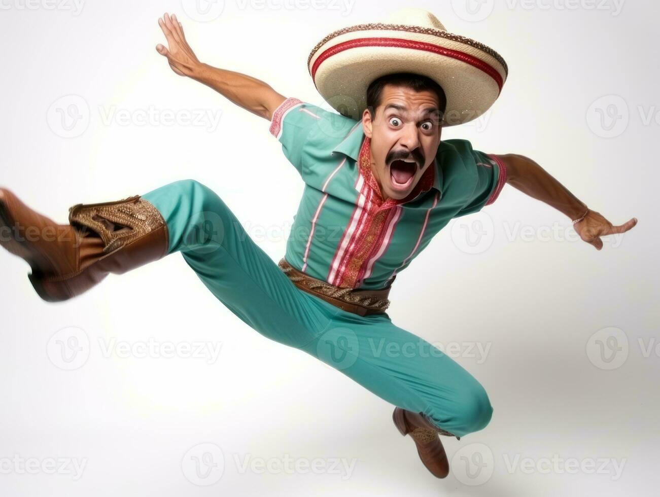 Mexican man in playful pose on white background AI Generative photo