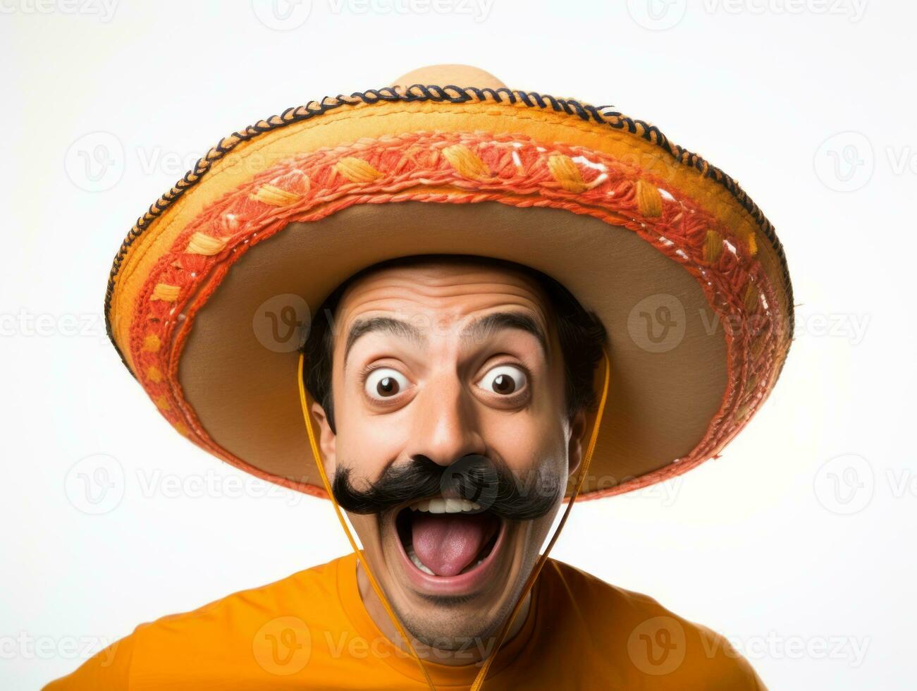 Mexican man in playful pose on white background AI Generative photo