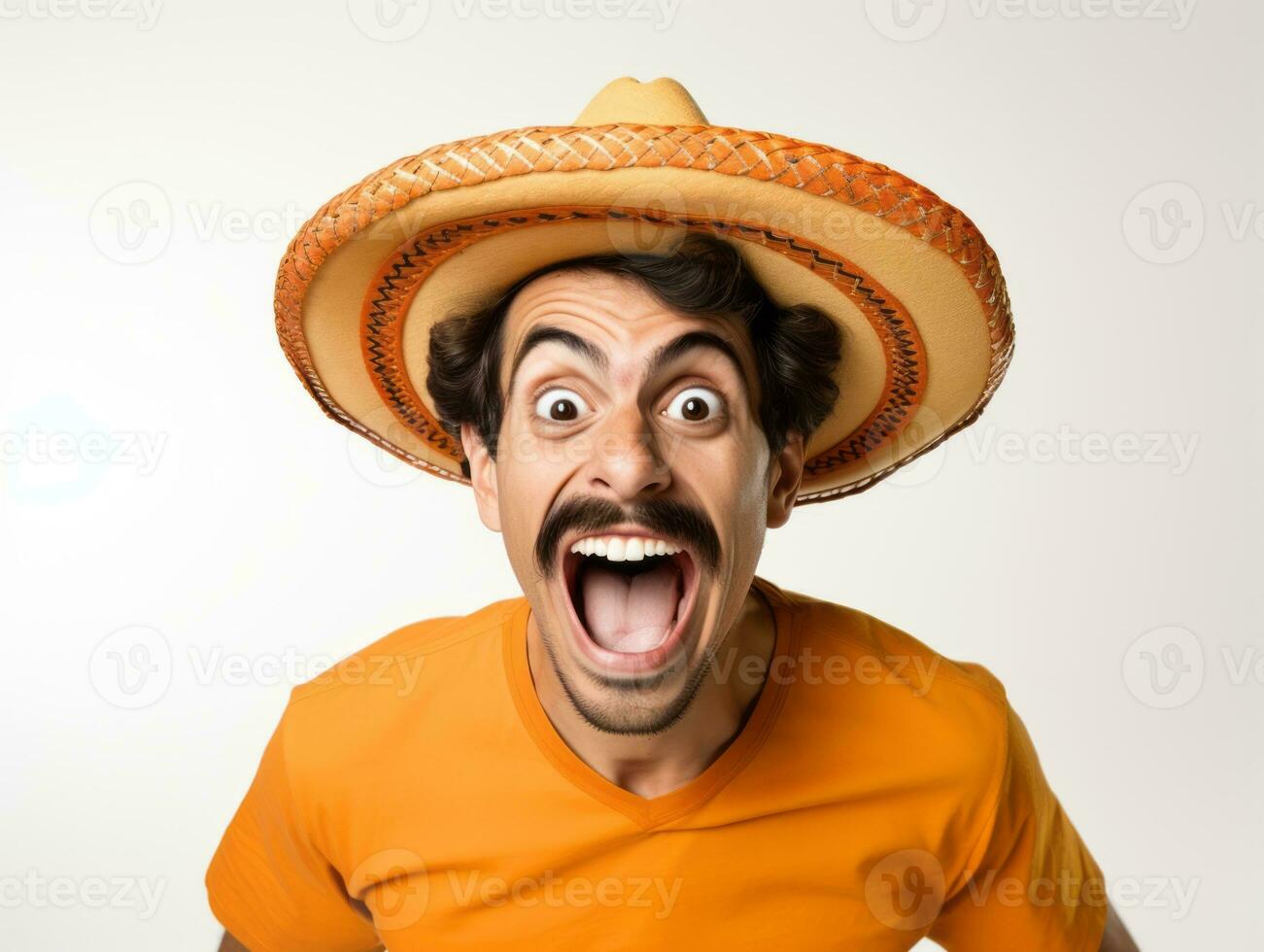 Mexican man in playful pose on white background AI Generative photo