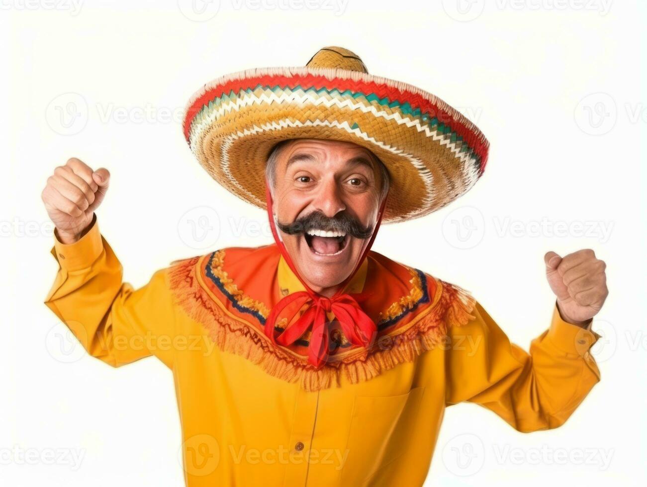 Mexican man in playful pose on white background AI Generative photo