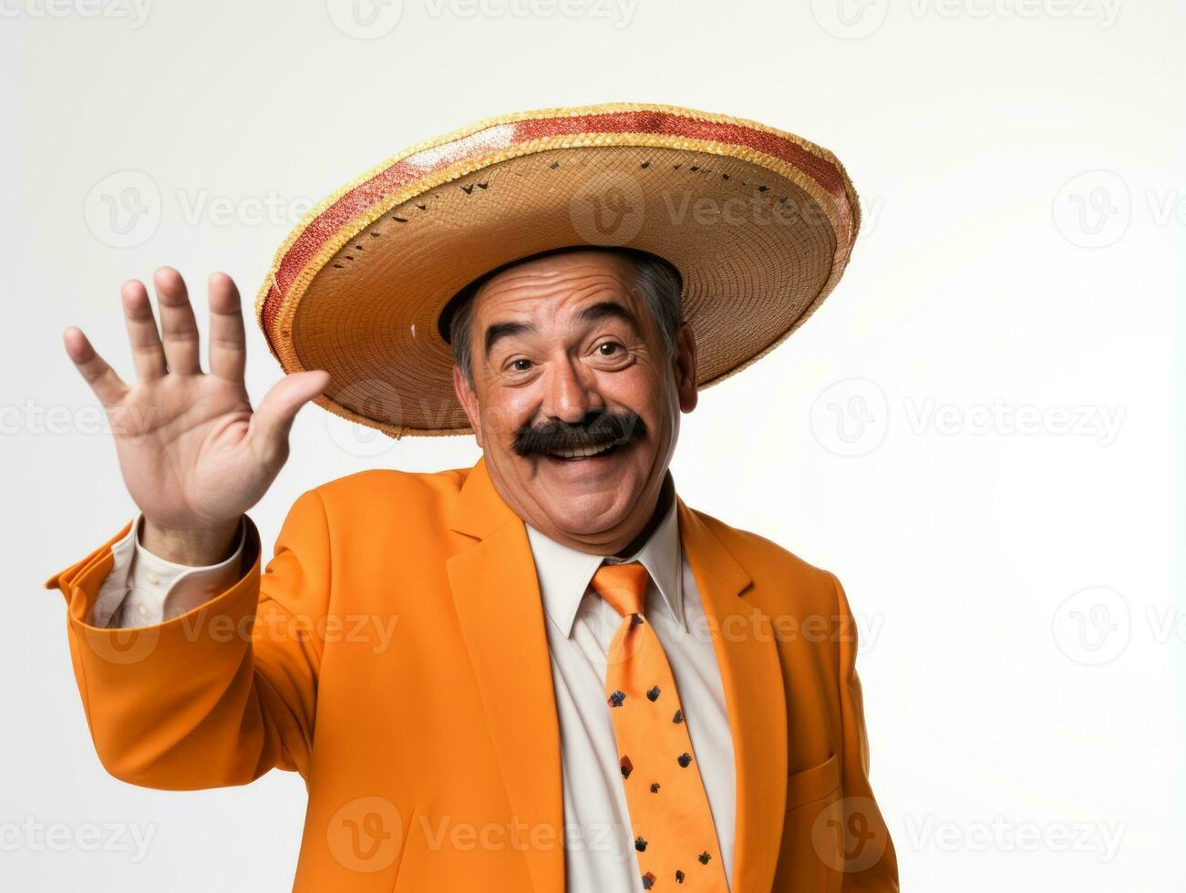 Mexican man in playful pose on white background AI Generative photo