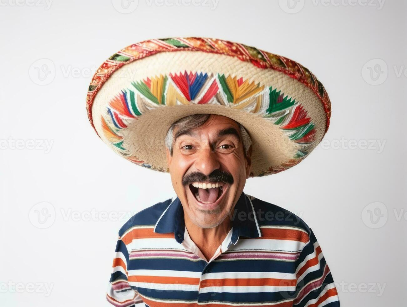 Mexican man in playful pose on white background AI Generative photo