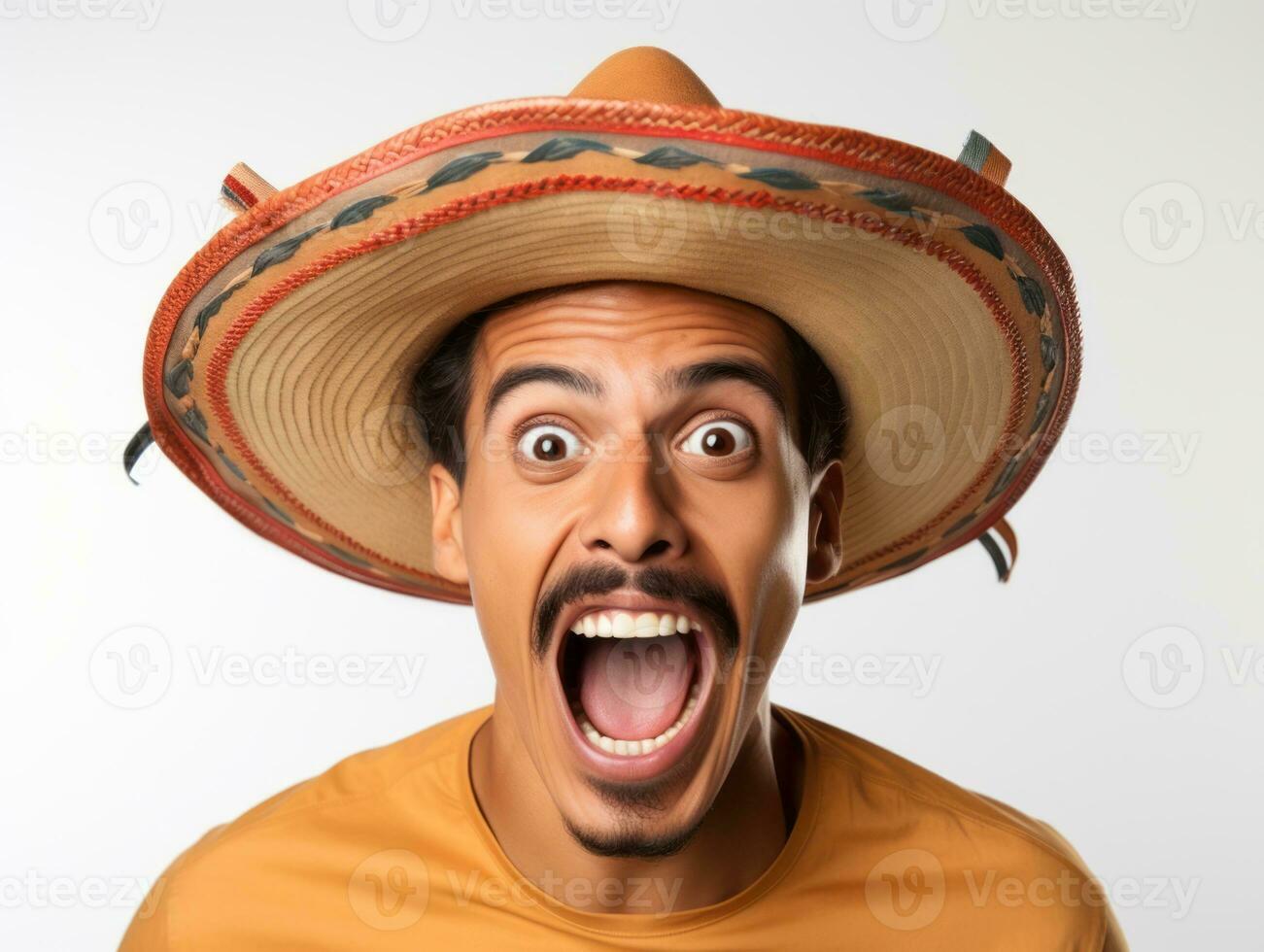 Mexican man in playful pose on white background AI Generative photo