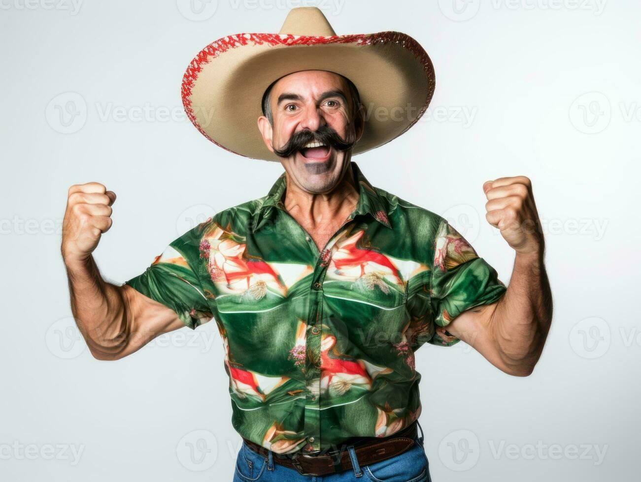 Mexican man in playful pose on white background AI Generative photo