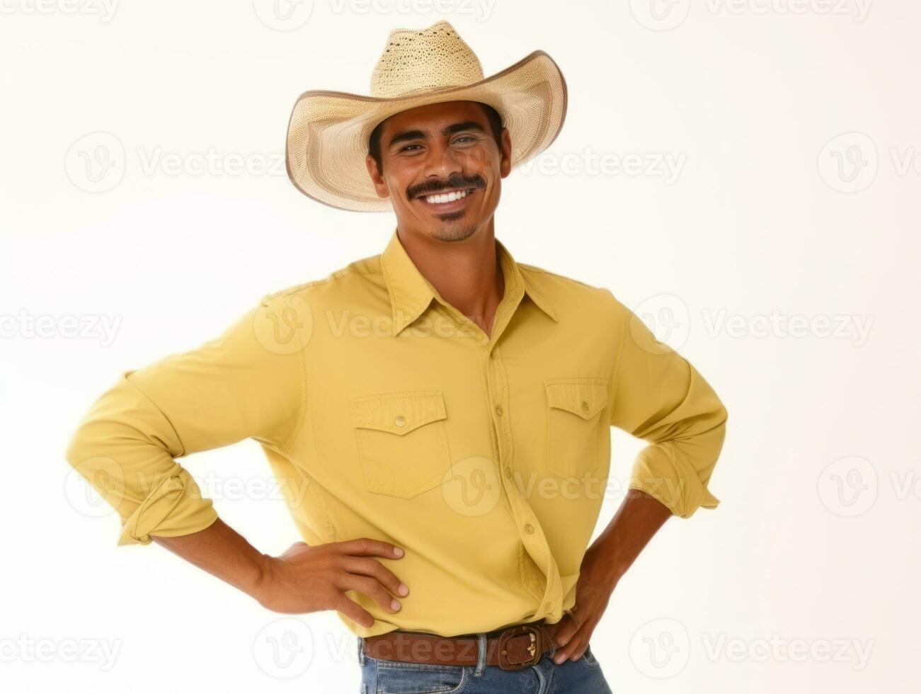 Mexican man in playful pose on white background AI Generative photo