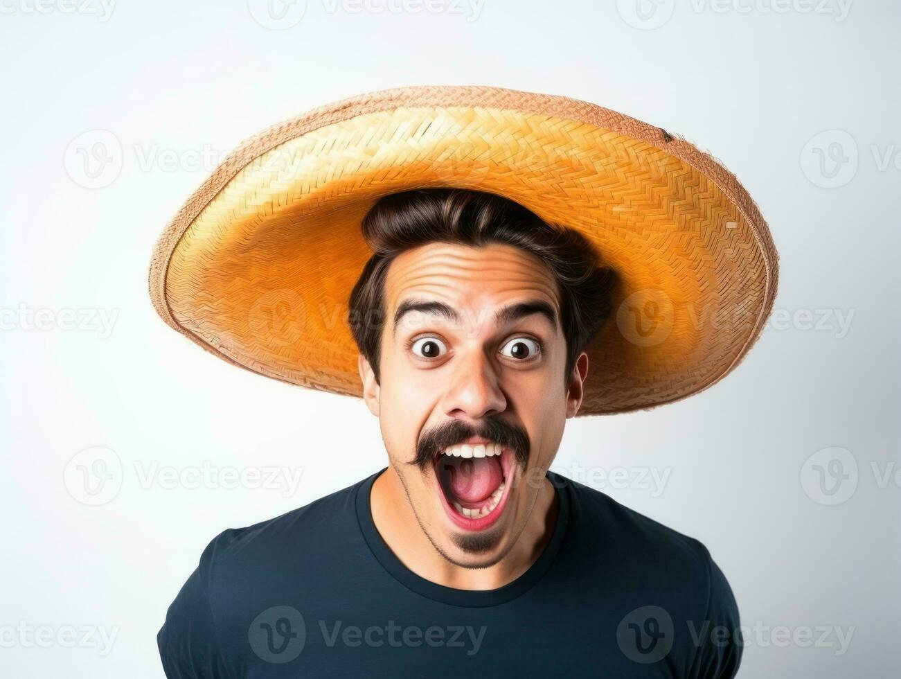 Mexican man in playful pose on white background AI Generative photo