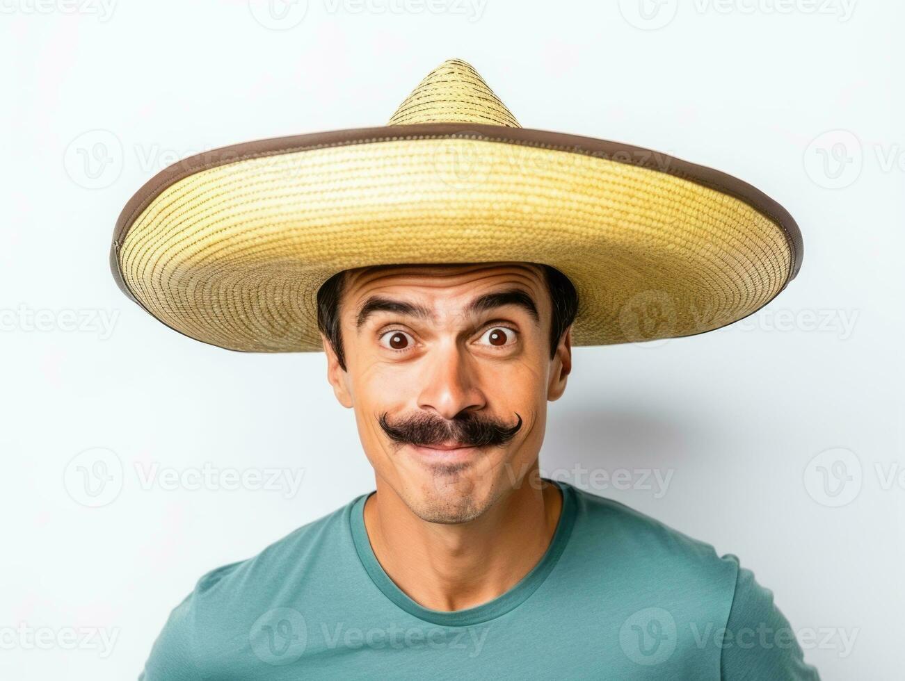 Mexican man in playful pose on white background AI Generative photo