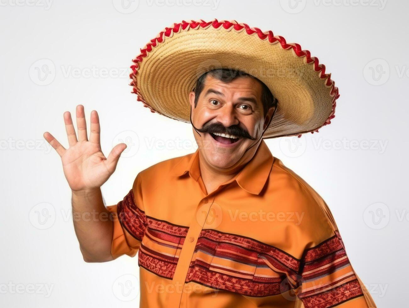 Mexican man in playful pose on white background AI Generative photo