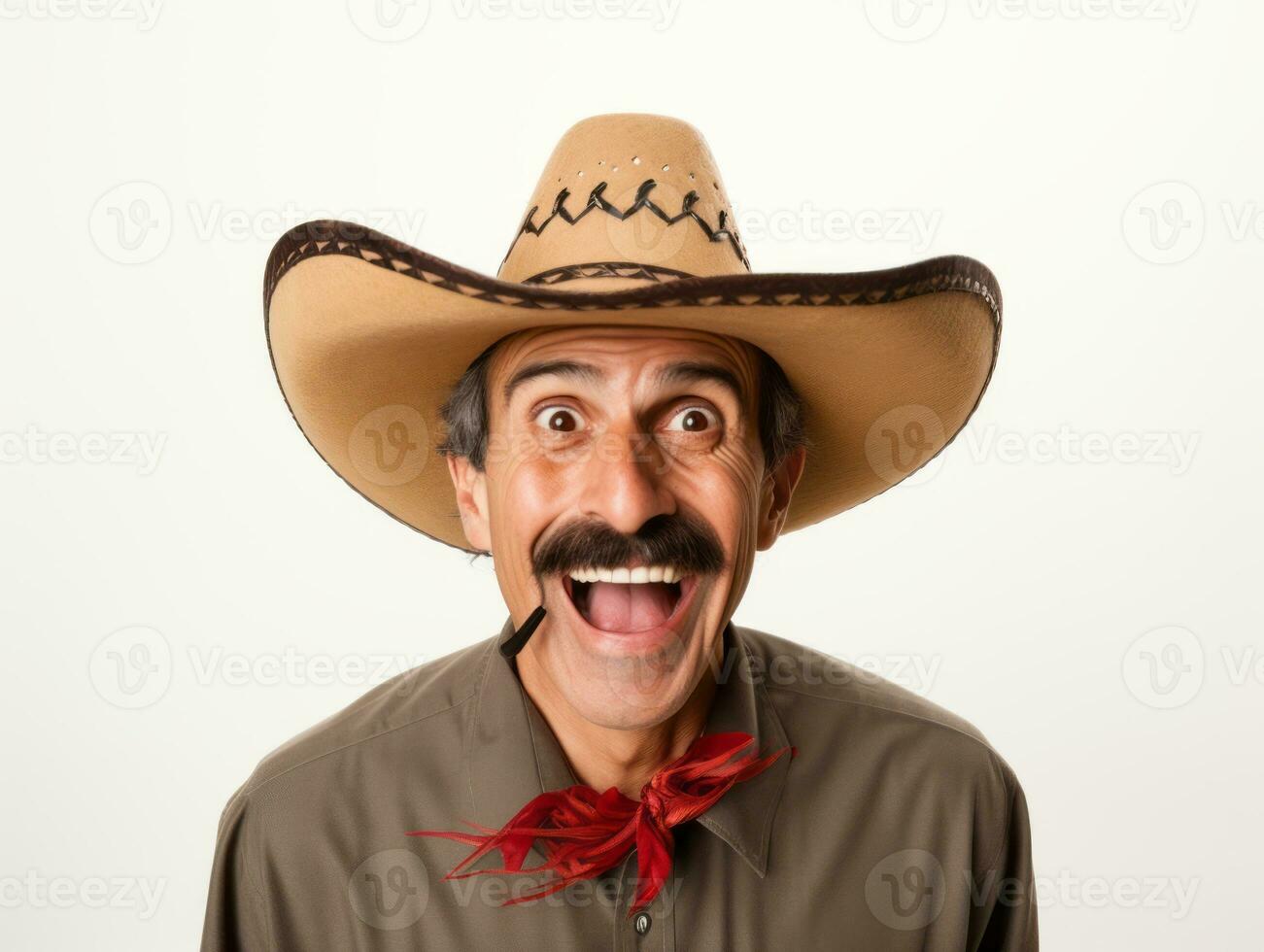 Mexican man in playful pose on white background AI Generative photo