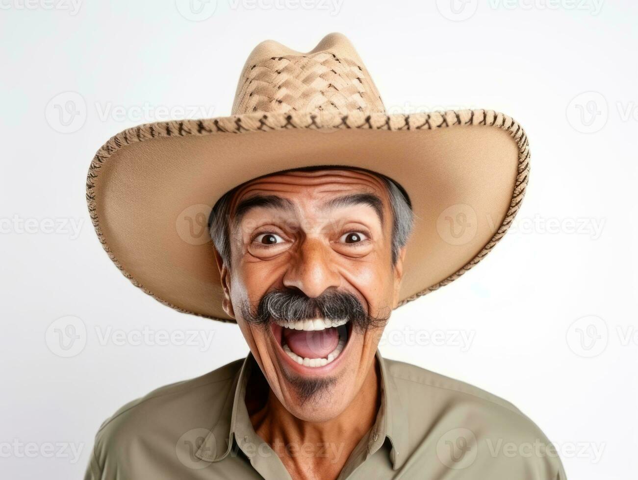 Mexican man in playful pose on white background AI Generative photo