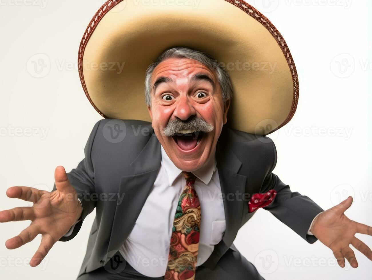 Mexican man in playful pose on white background AI Generative photo