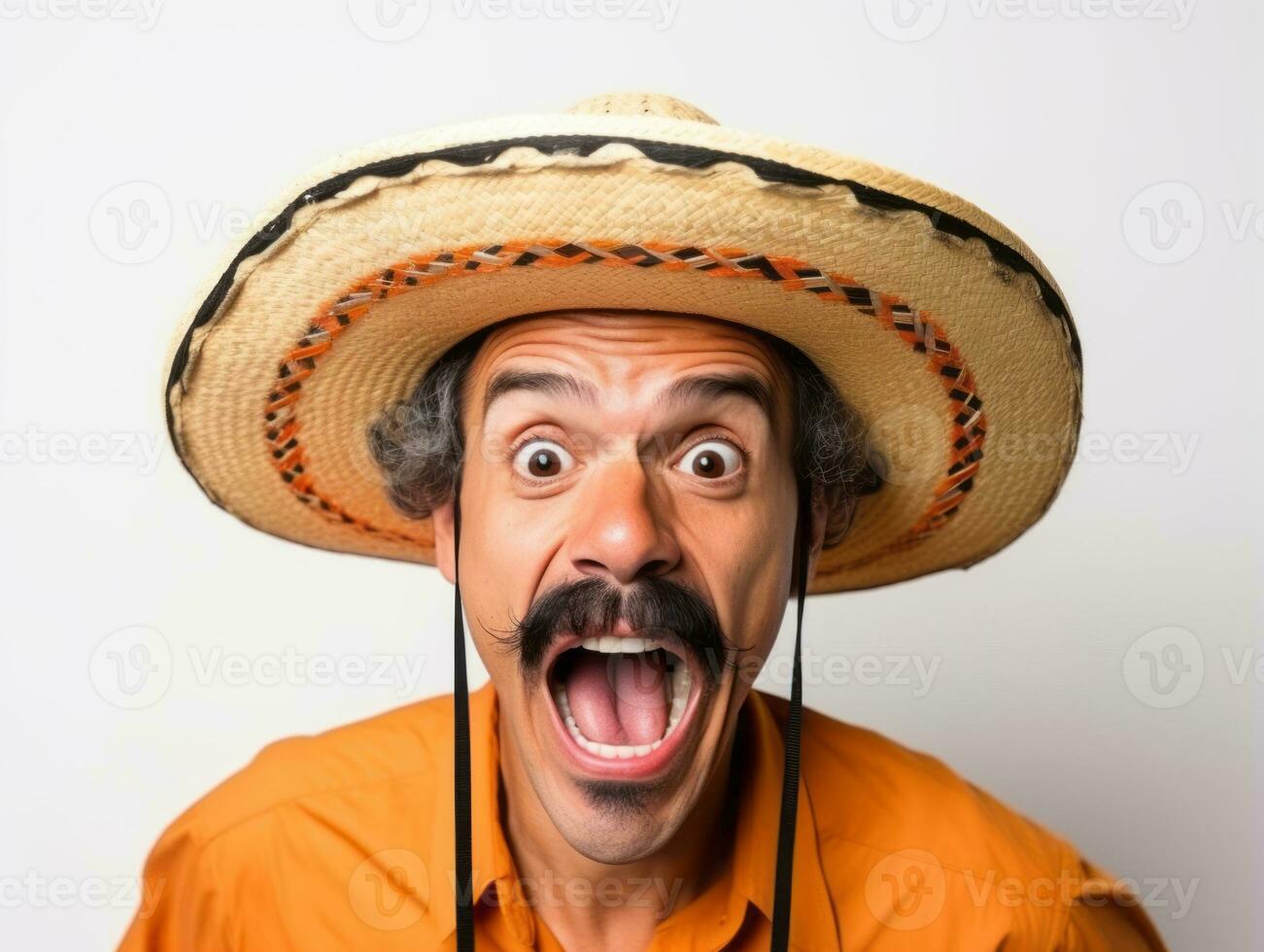 Mexican man in playful pose on white background AI Generative photo