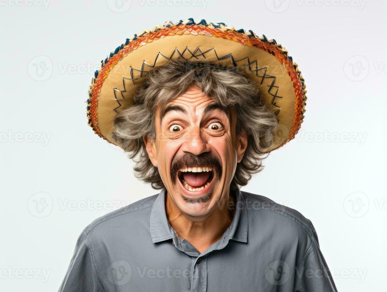 Mexican man in playful pose on white background AI Generative photo
