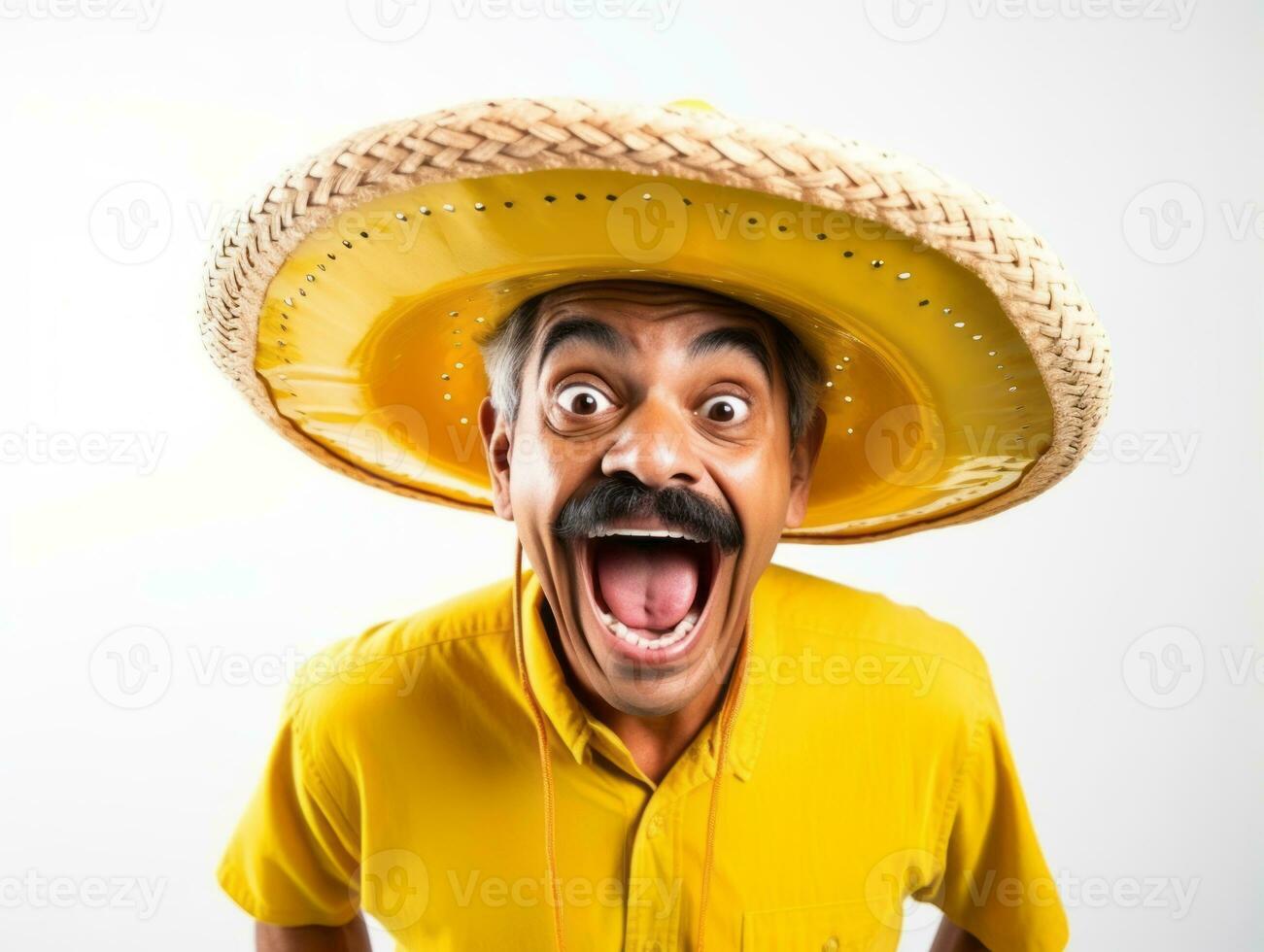 Mexican man in playful pose on white background AI Generative photo